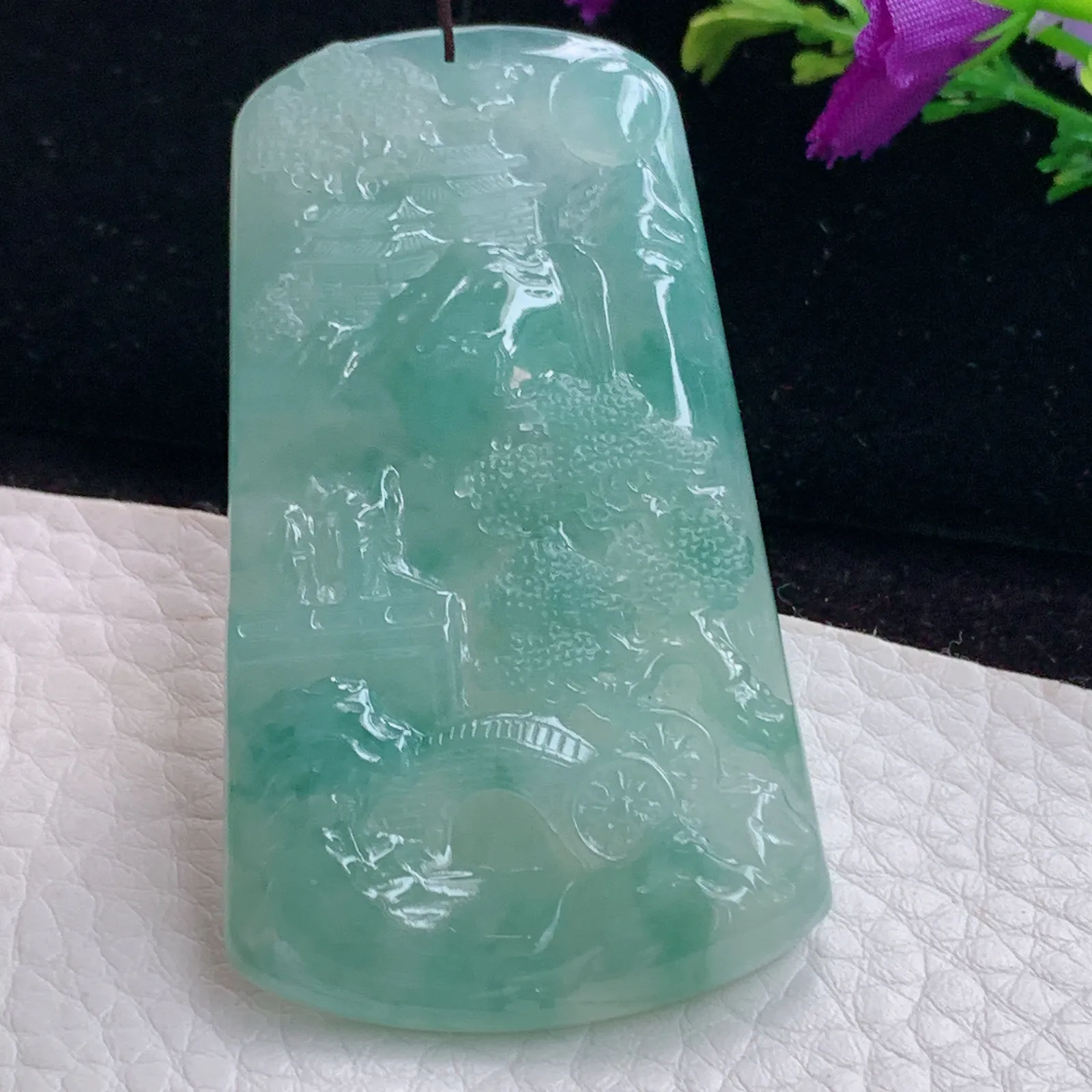 ktj实拍62*36.3*5老坑精雕缅甸翡翠冰润飘花大好河山 山水玉吊坠 玉挂件