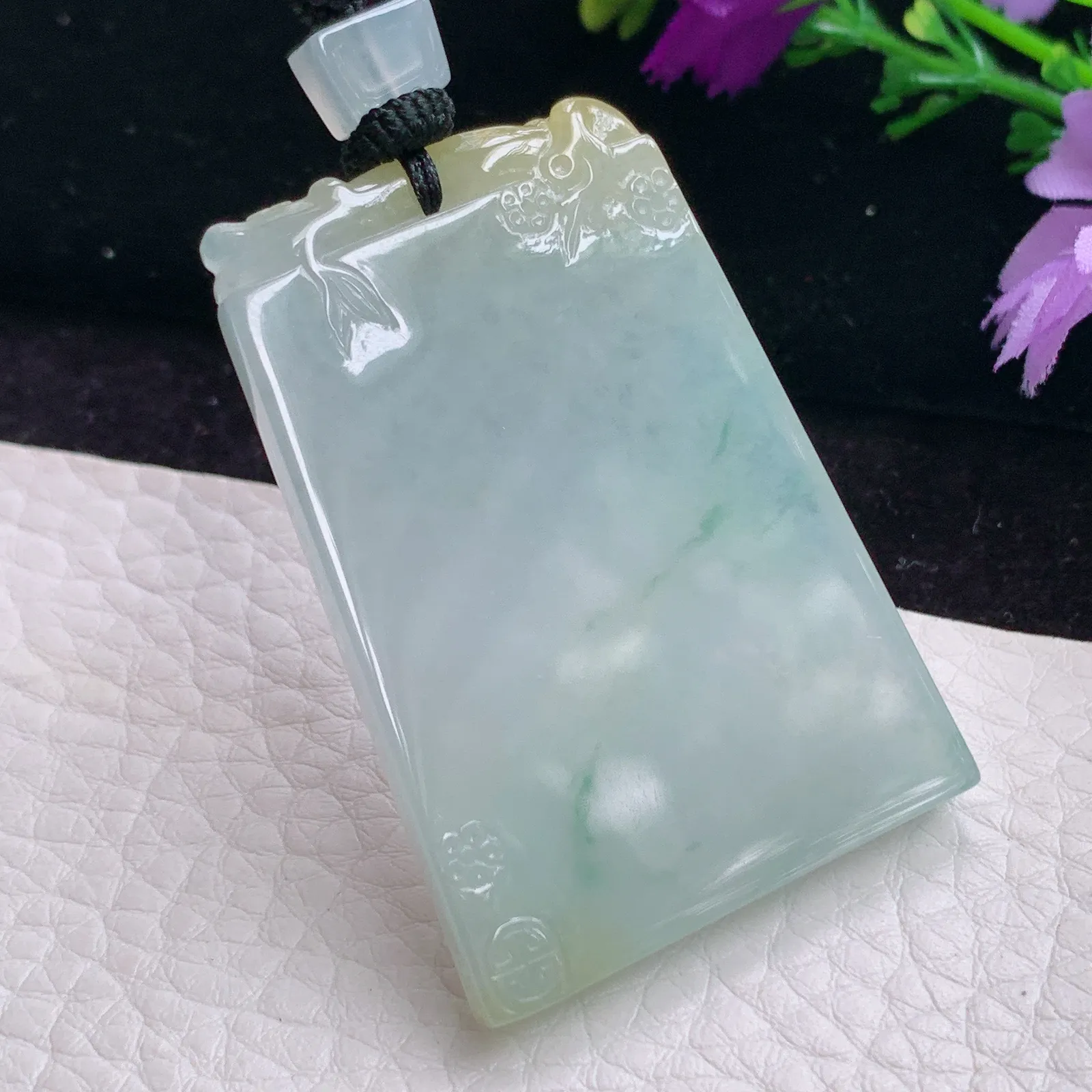 mut实拍48*33*5.5老坑精雕缅甸翡翠飘花平安无事牌玉吊坠 玉挂件