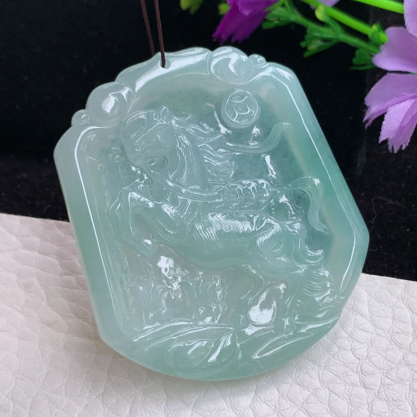 ktj实拍43*46.8*5.6老坑精雕缅甸翡翠冰晴马上发财 生肖马玉吊坠 玉挂件