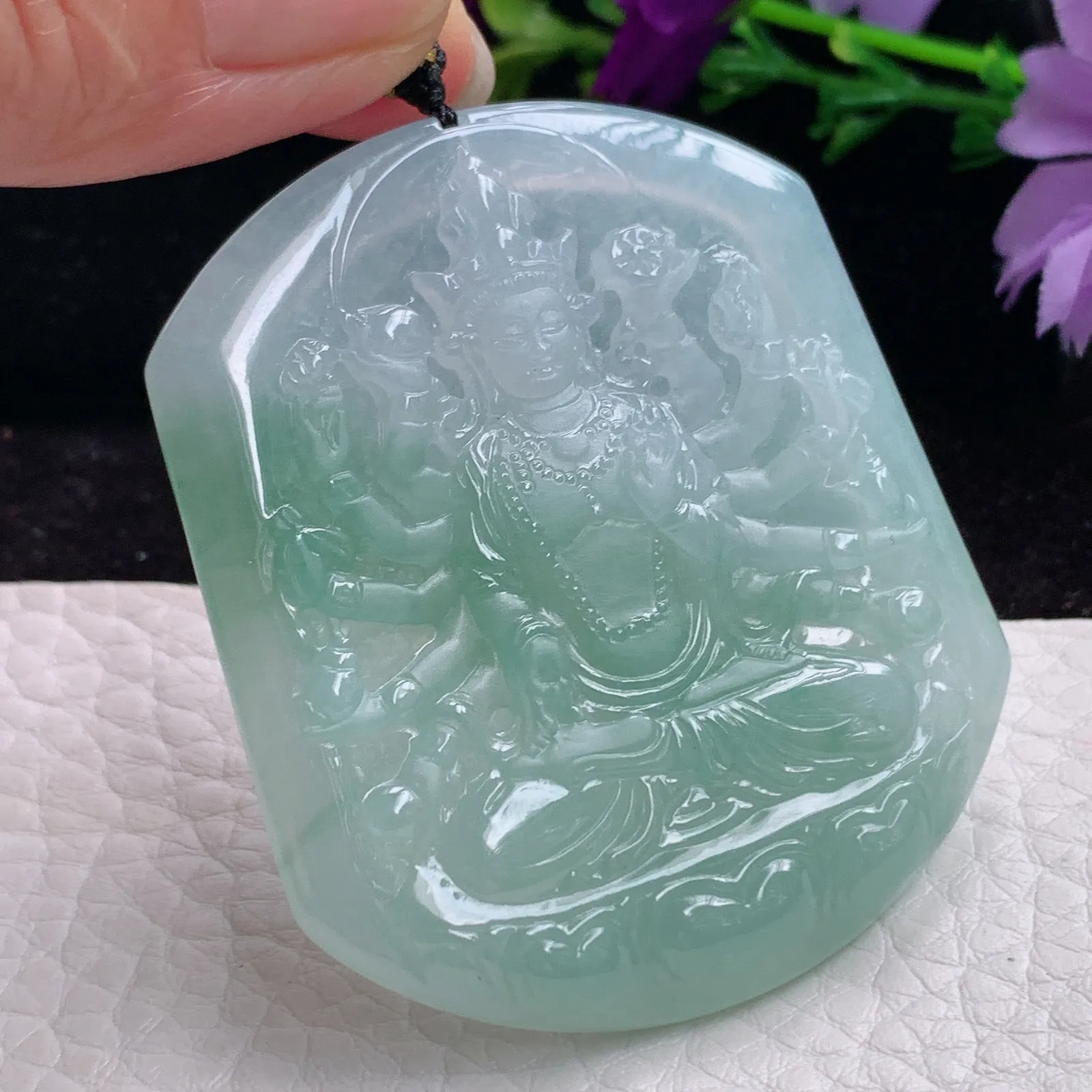 kh实拍53.6*45.5*5.5老坑精雕缅甸翡翠冰飘花千手观音 玉观音玉吊坠 玉挂件