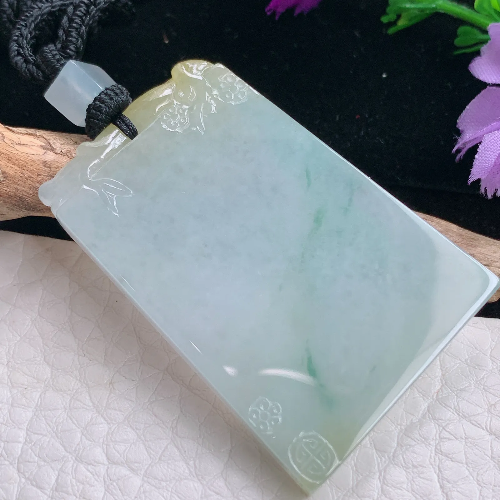 mut实拍48*33*5.5老坑精雕缅甸翡翠飘花平安无事牌玉吊坠 玉挂件