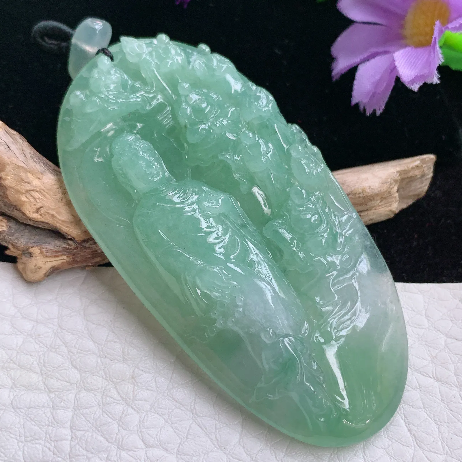 lz实拍71*35*10老坑精雕缅甸翡翠山水佛祖 普度众生玉吊坠 玉挂件