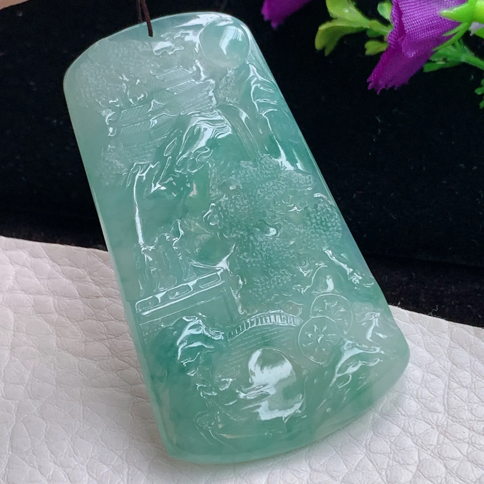 ktj实拍62*36.3*5老坑精雕缅甸翡翠冰润飘花大好河山 山水玉吊坠 玉挂件