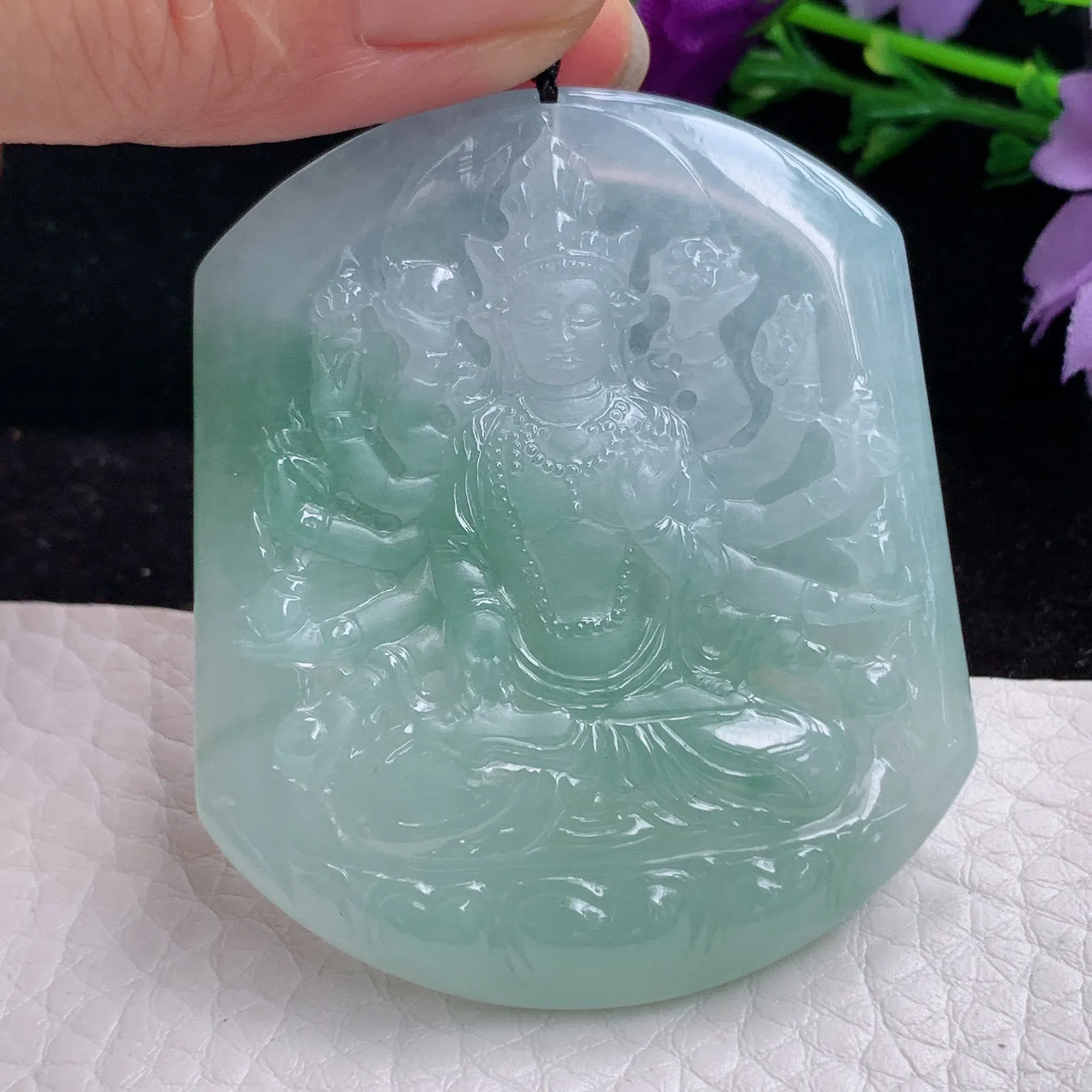 kh实拍53.6*45.5*5.5老坑精雕缅甸翡翠冰飘花千手观音 玉观音玉吊坠 玉挂件