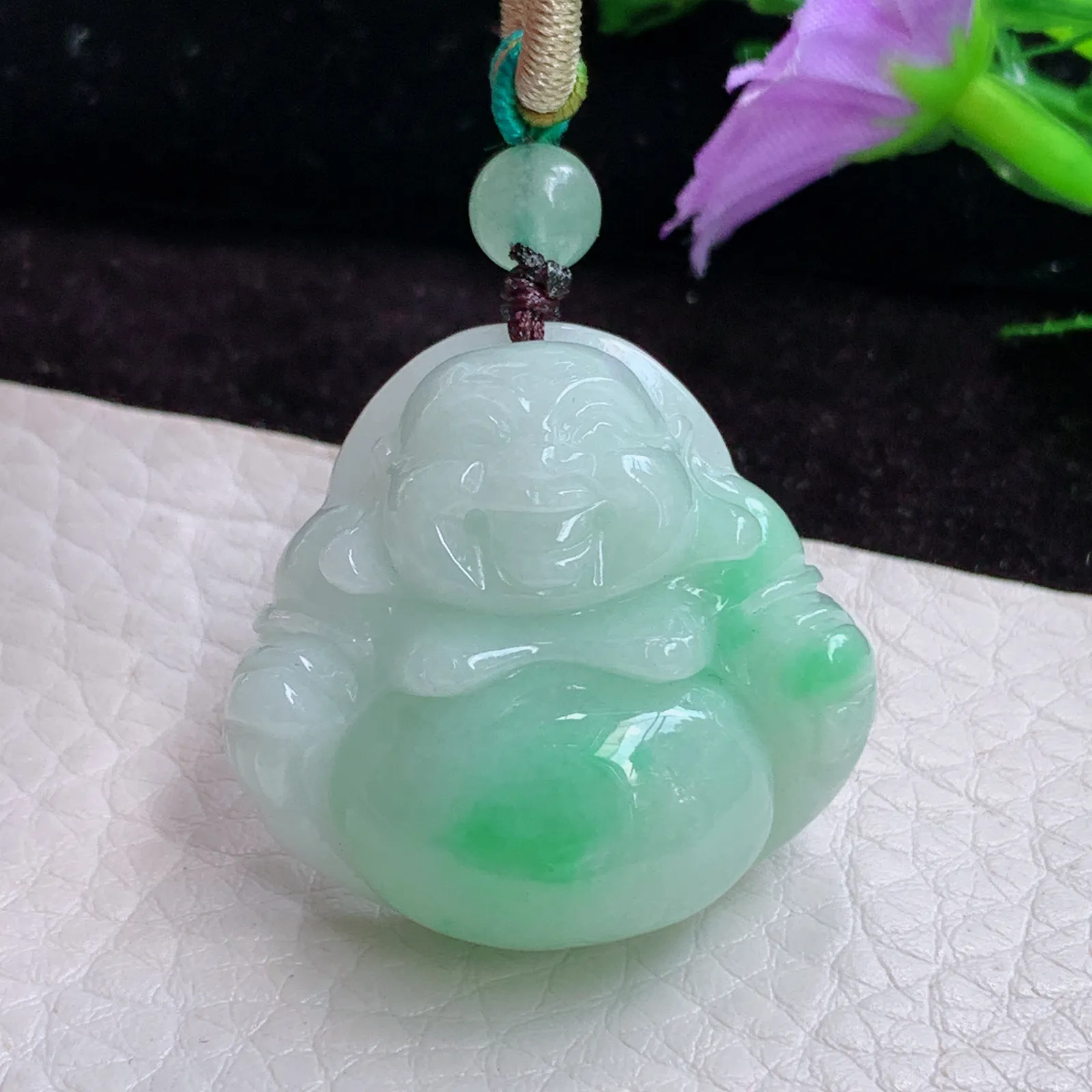 zen实拍30.6*32*12.6老坑精雕缅甸翡翠飘绿饱满佛公 弥勒佛玉吊坠 玉挂件