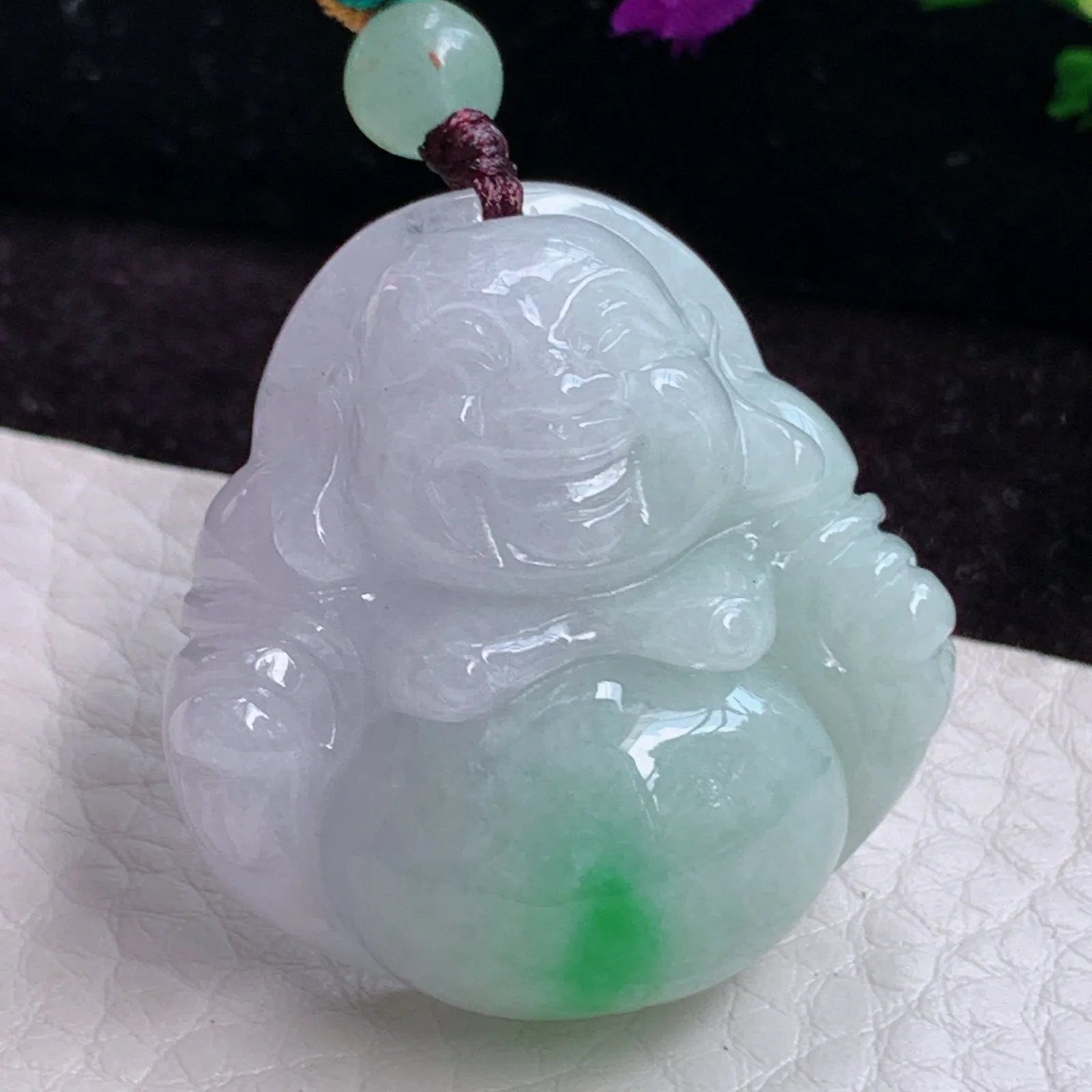 zen实拍33.8*32*12.7老坑精雕缅甸翡翠飘绿水润佛公 弥勒佛玉吊坠 玉挂件