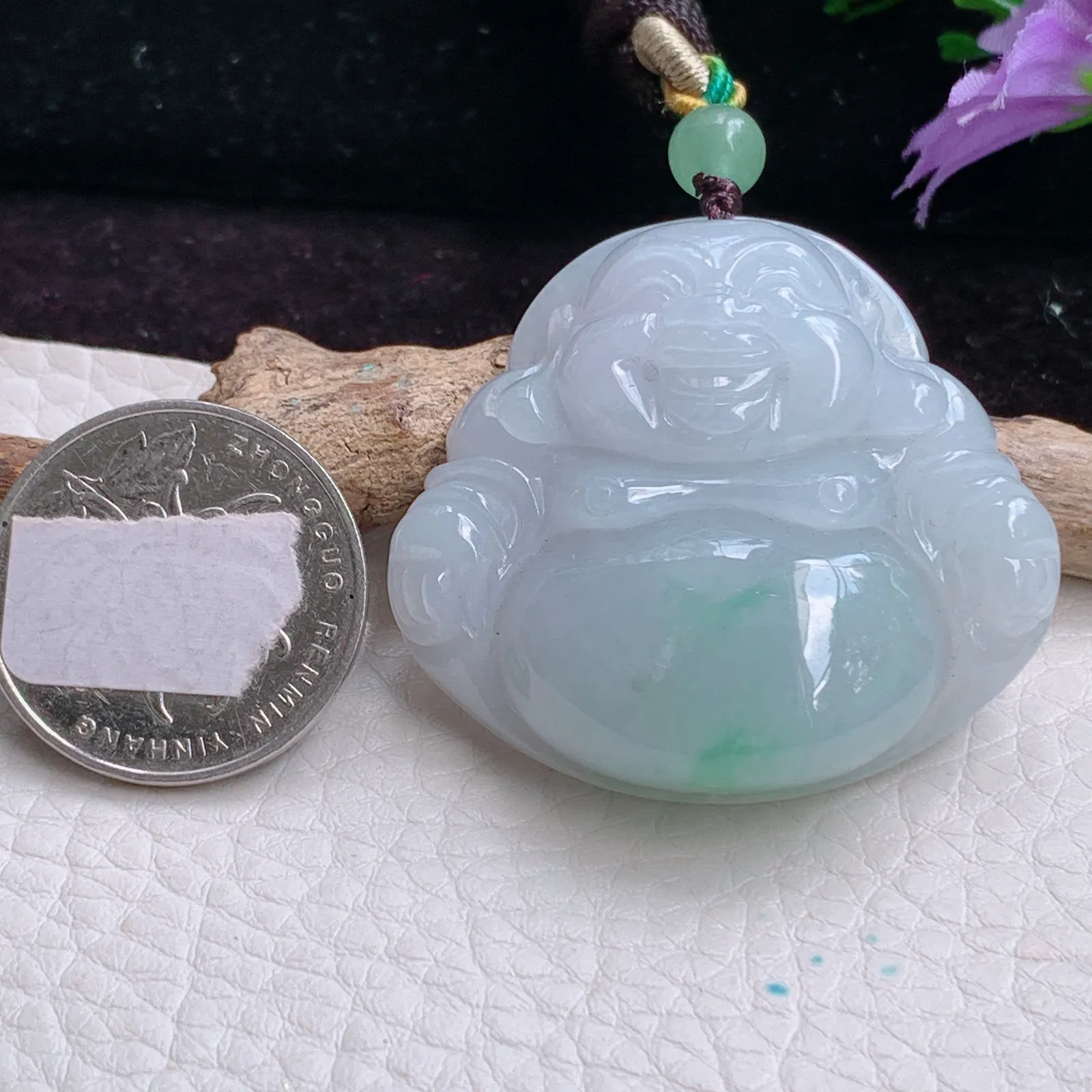 zen实拍39.3*42.6*11.8老坑精雕缅甸翡翠清新饱满佛公 弥勒佛玉吊坠 玉挂件