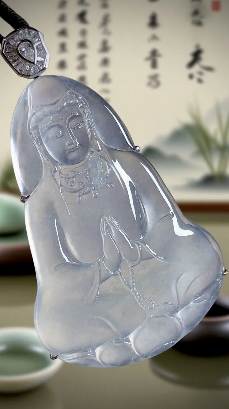 【慈悲为怀·观自在】，合十观音菩萨。
山海玉雕艺术作品，
纯白冰翡翠料子，大师雕刻，线条简约流畅，
开脸慈祥端庄，宁静温和。18K金，南非钻衬托。
作品裸石63-43-5.5mm，整体73-43-8mm。