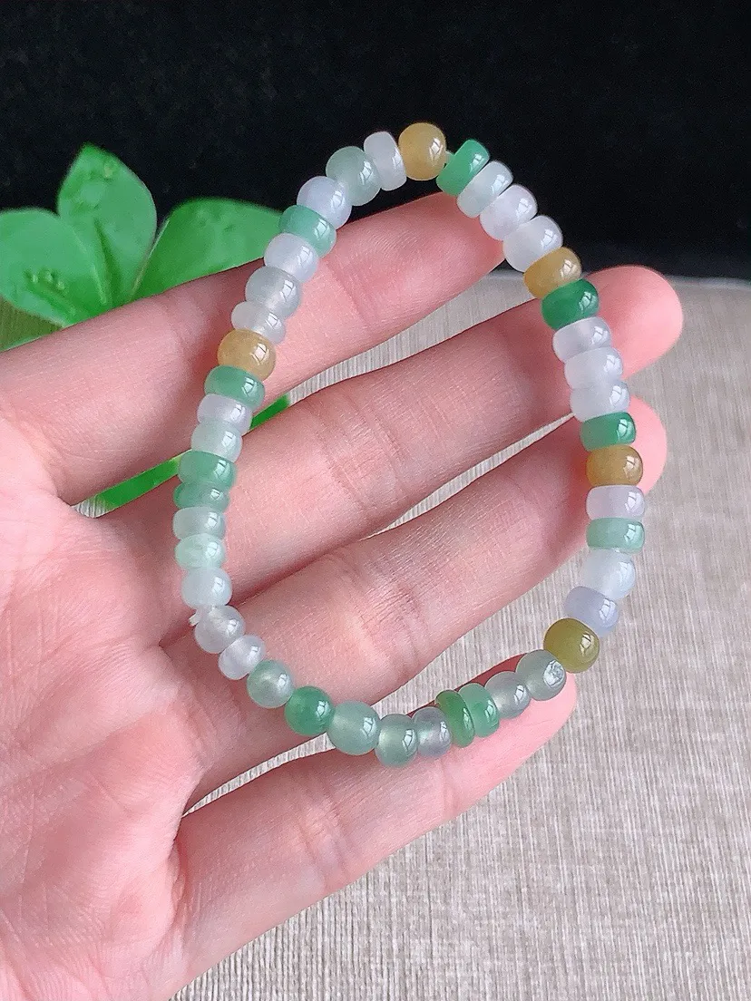 a货翡翠老坑冰种三彩算盘珠手串 尺寸6×3.6mm 重量13.64g 0720