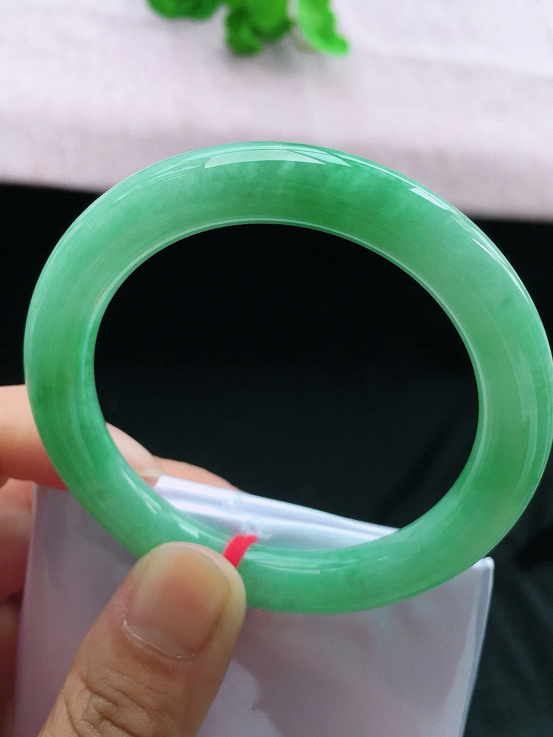 正圈53-54可戴，种老水足，尺寸52/8.8/8.8mm，满绿圆条翡翠手镯