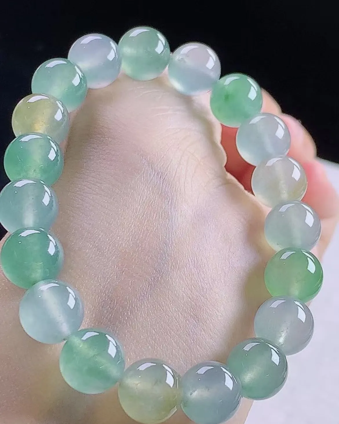 天然翡翠A货高冰三彩多宝手串手链，珠圆玉润尺寸珠大10mm