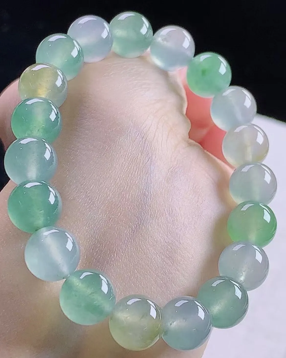 天然翡翠A货高冰三彩多宝手串手链，珠圆玉润尺寸珠大10mm