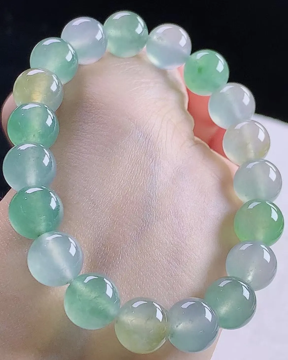 天然翡翠A货高冰三彩多宝手串手链，珠圆玉润尺寸珠大10mm