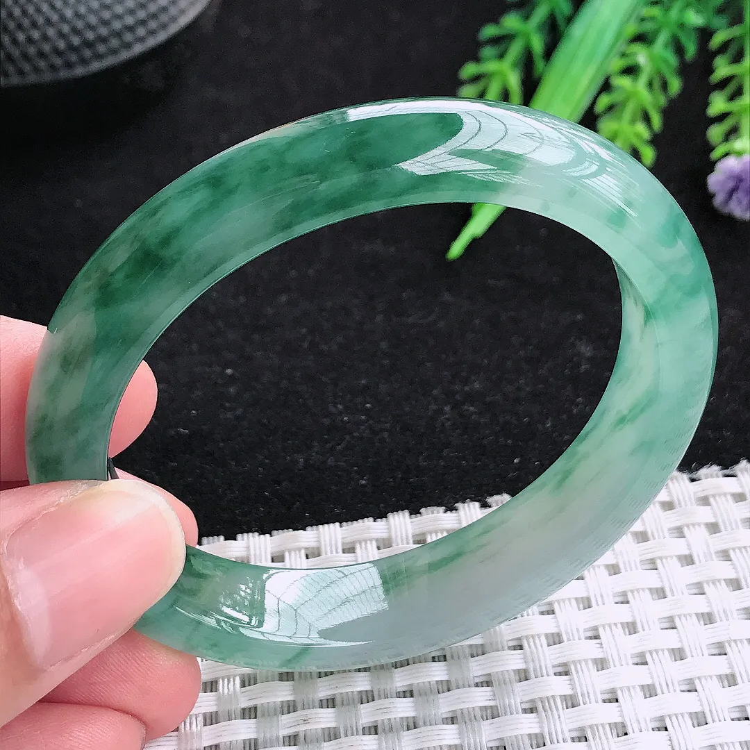自然光53.5/47/12.4/7.7老坑冰胶果冻浓郁飘花贵妃手镯宽边玉镯百搭少女