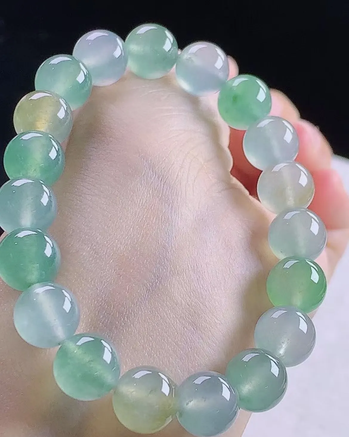 天然翡翠A货高冰三彩多宝手串手链，珠圆玉润尺寸珠大10mm