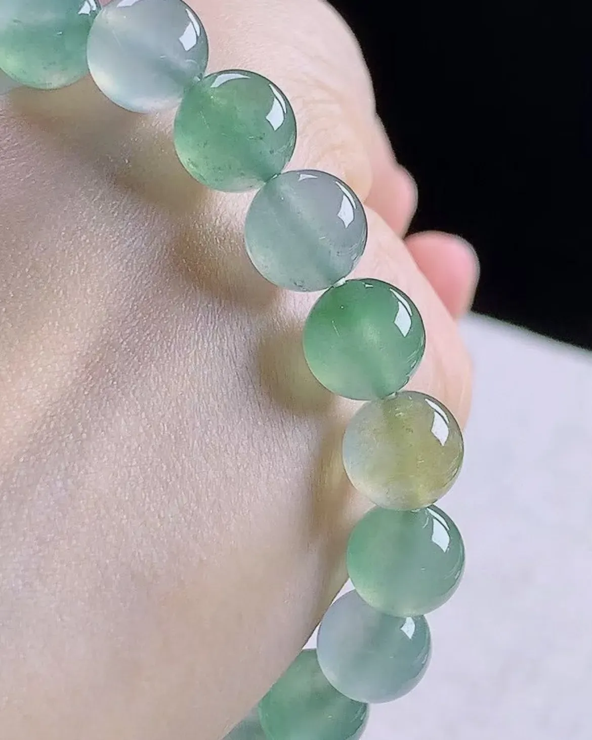 天然翡翠A货高冰三彩多宝手串手链，珠圆玉润尺寸珠大10mm