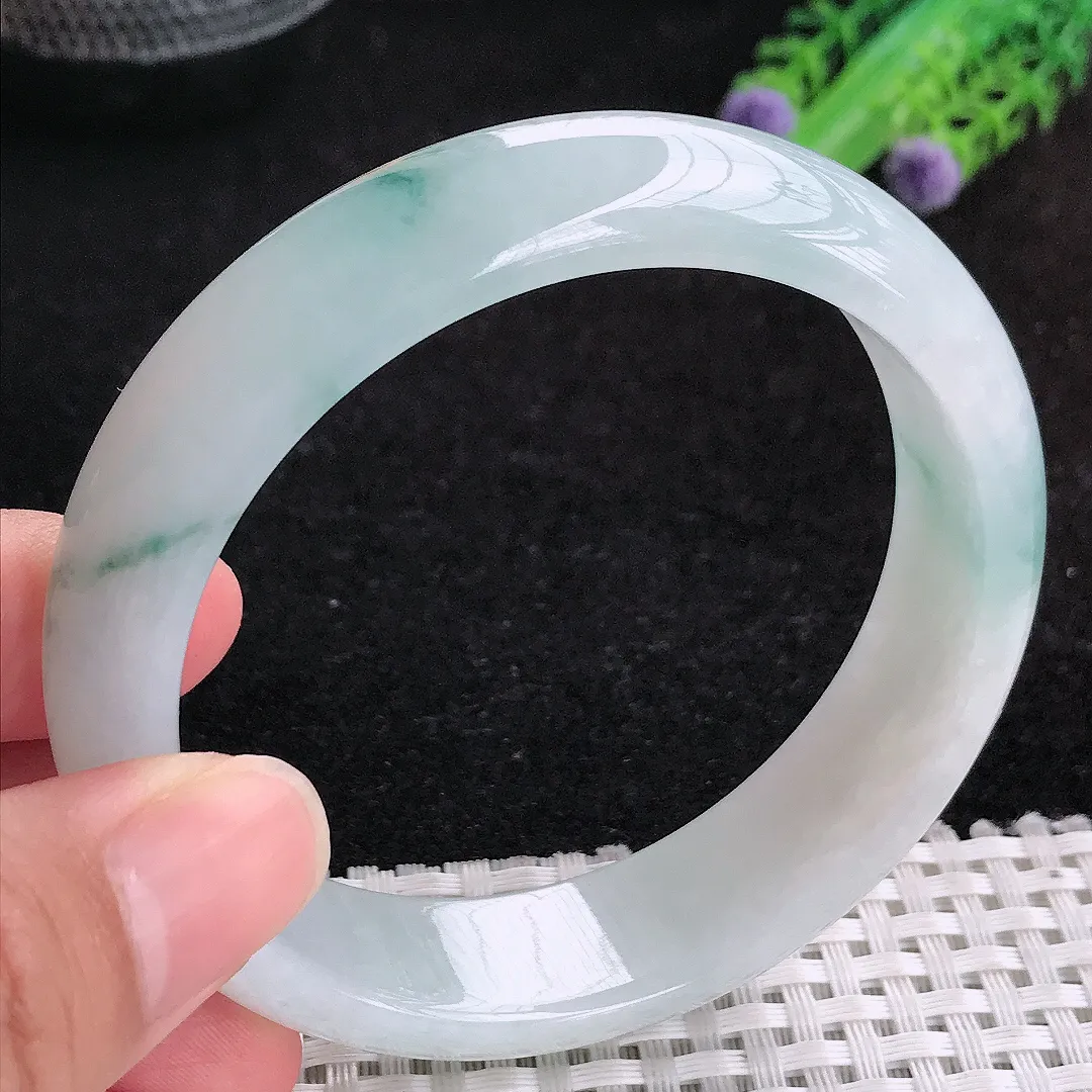 自然光59.5/15.6/8老坑精美冰润飘花手镯宽边玉镯百搭少女