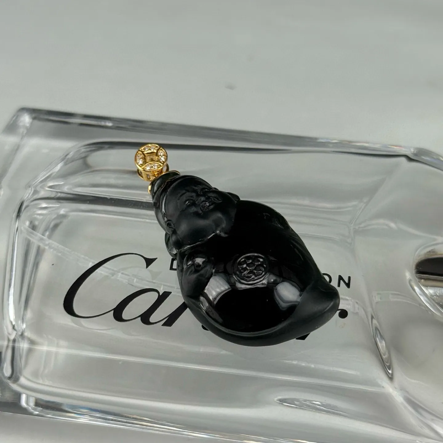 精品18k叩头墨翠小财神 种好色正 黑度极好 打灯通透 油性十足
