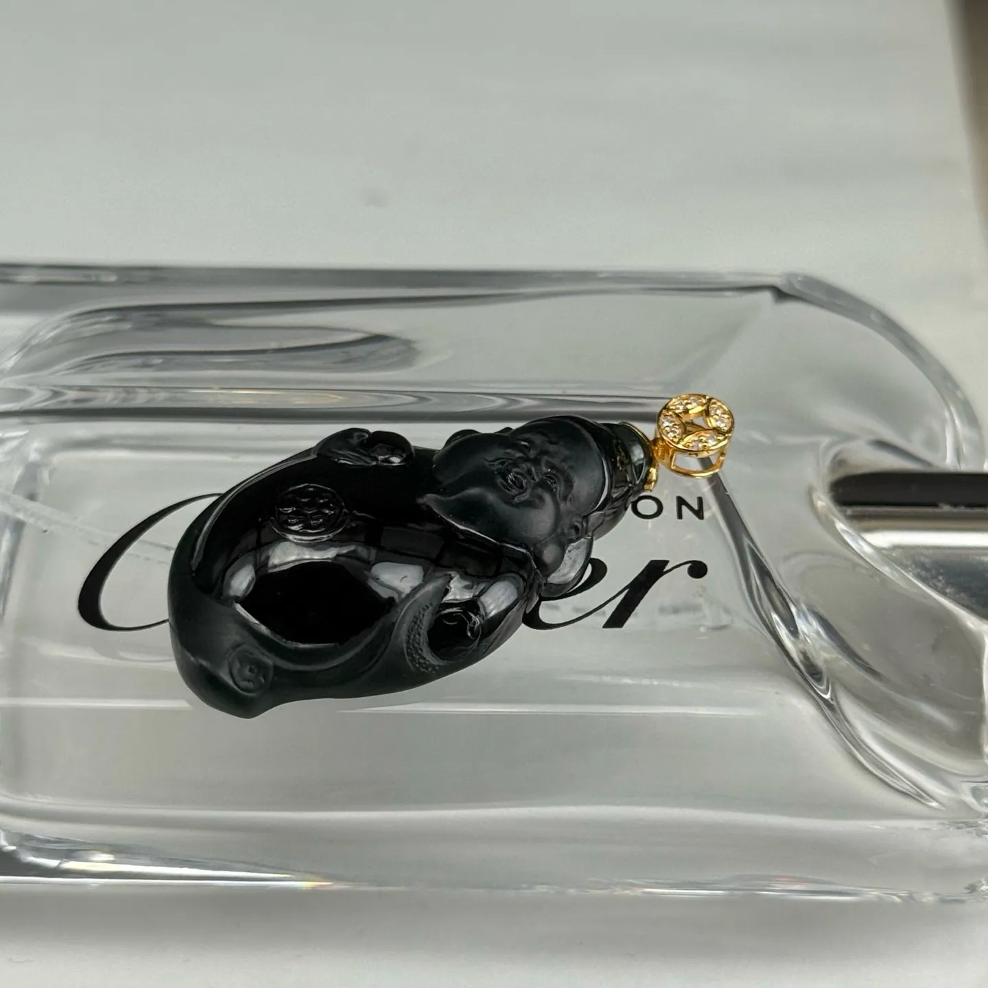 精品18k叩头墨翠小财神 种好色正 黑度极好 打灯通透 油性十足