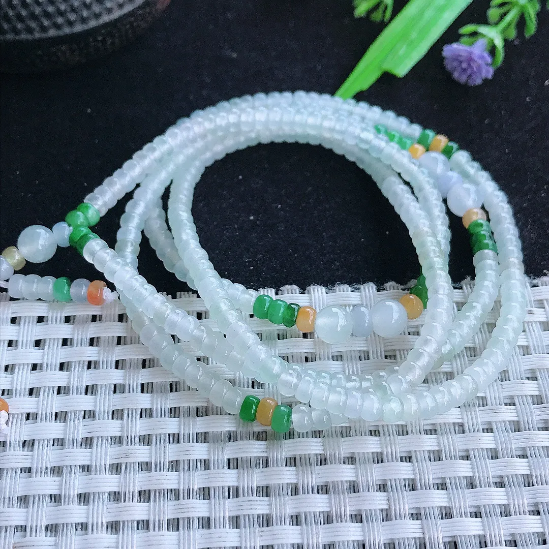 自然光4/2.3老坑冰种起胶多彩算盘项链翡翠玉珠手链