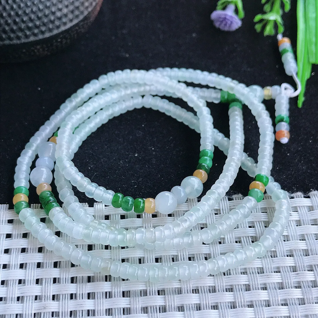 自然光4/2.3老坑冰种起胶多彩算盘项链翡翠玉珠手链