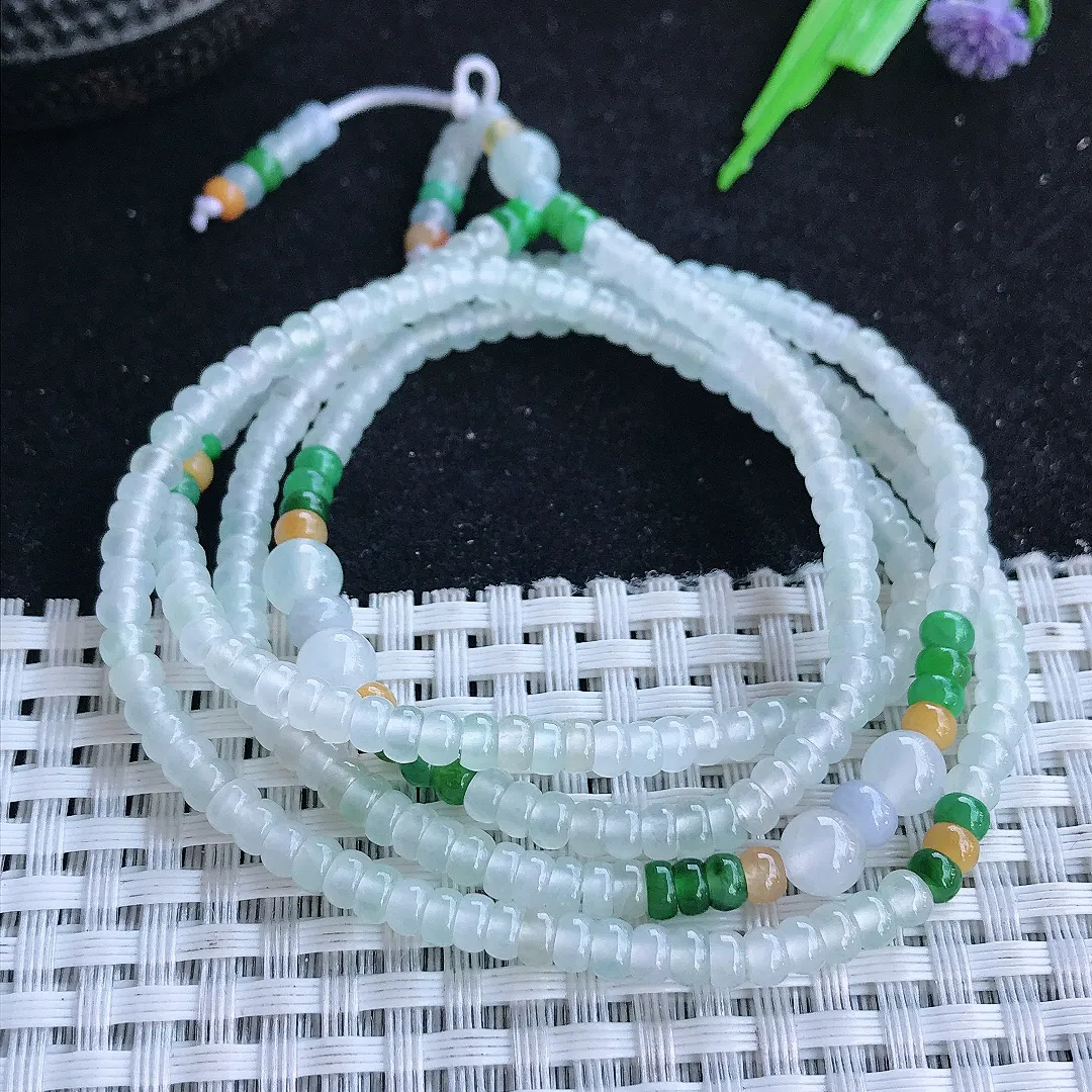 自然光4/2.3老坑冰种起胶多彩算盘项链翡翠玉珠手链