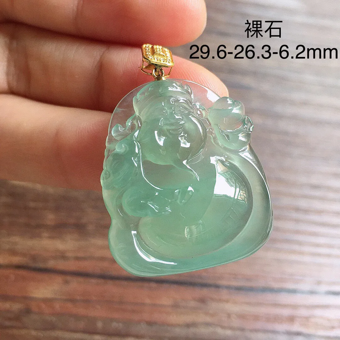 冰晴底财神吊坠，18k金扣头，冰润细腻，品相好，种水足 尺寸29.6*26.3*6.2