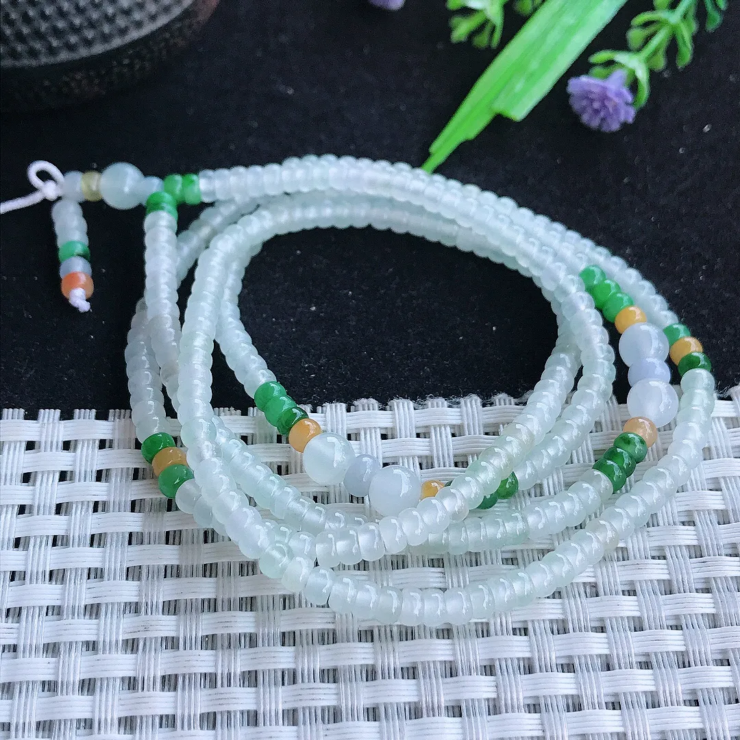 自然光4/2.3老坑冰种起胶多彩算盘项链翡翠玉珠手链