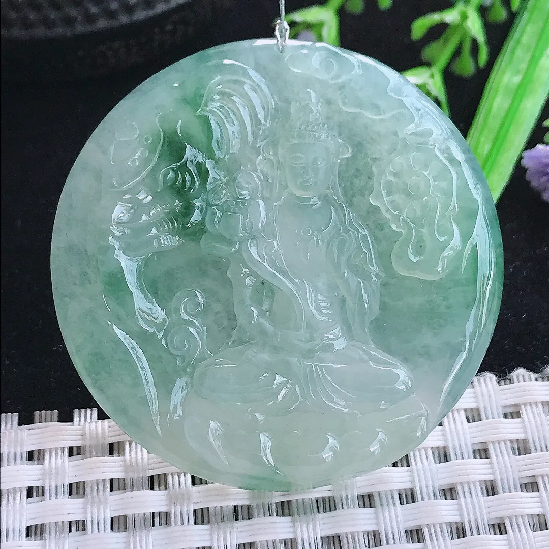 自然光45.7/5.8老坑冰胶果冻冰晴飘花普贤菩萨吊坠翡翠玉坠