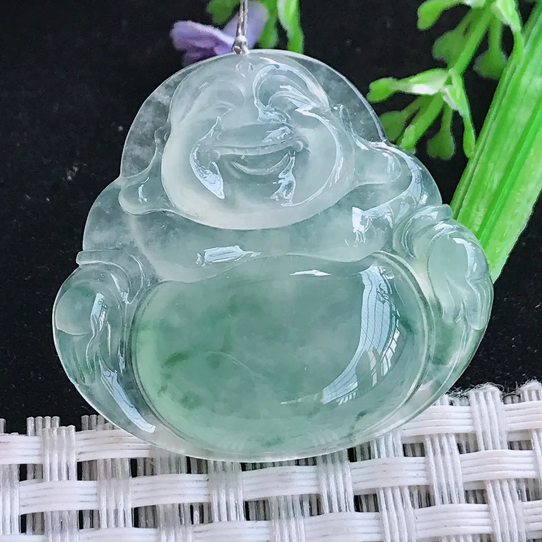 自然光31.6/33.9/6.2老坑冰种果冻胶冰晴飘花佛公吊坠翡翠玉坠