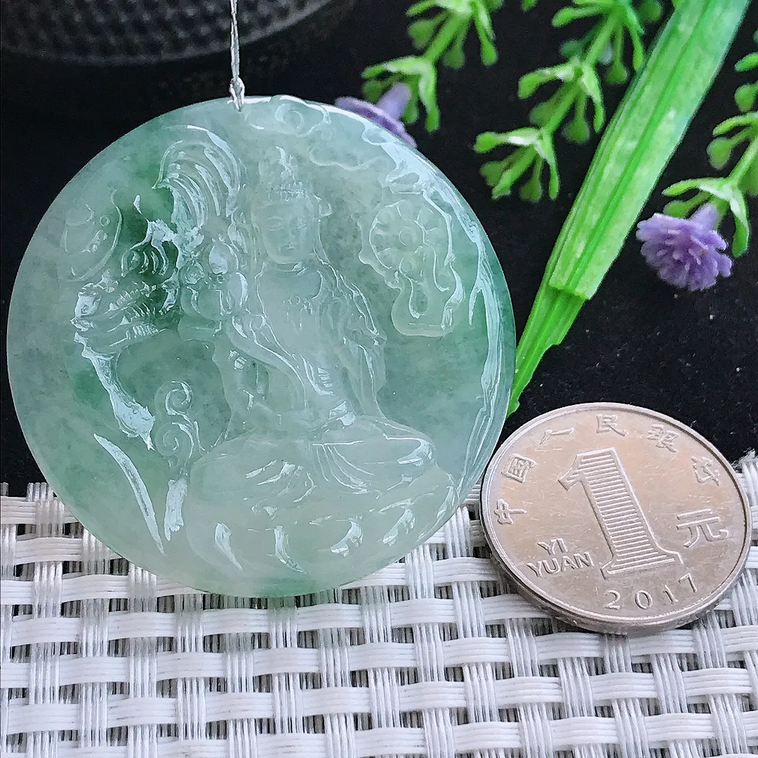 自然光45.7/5.8老坑冰胶果冻冰晴飘花普贤菩萨吊坠翡翠玉坠
