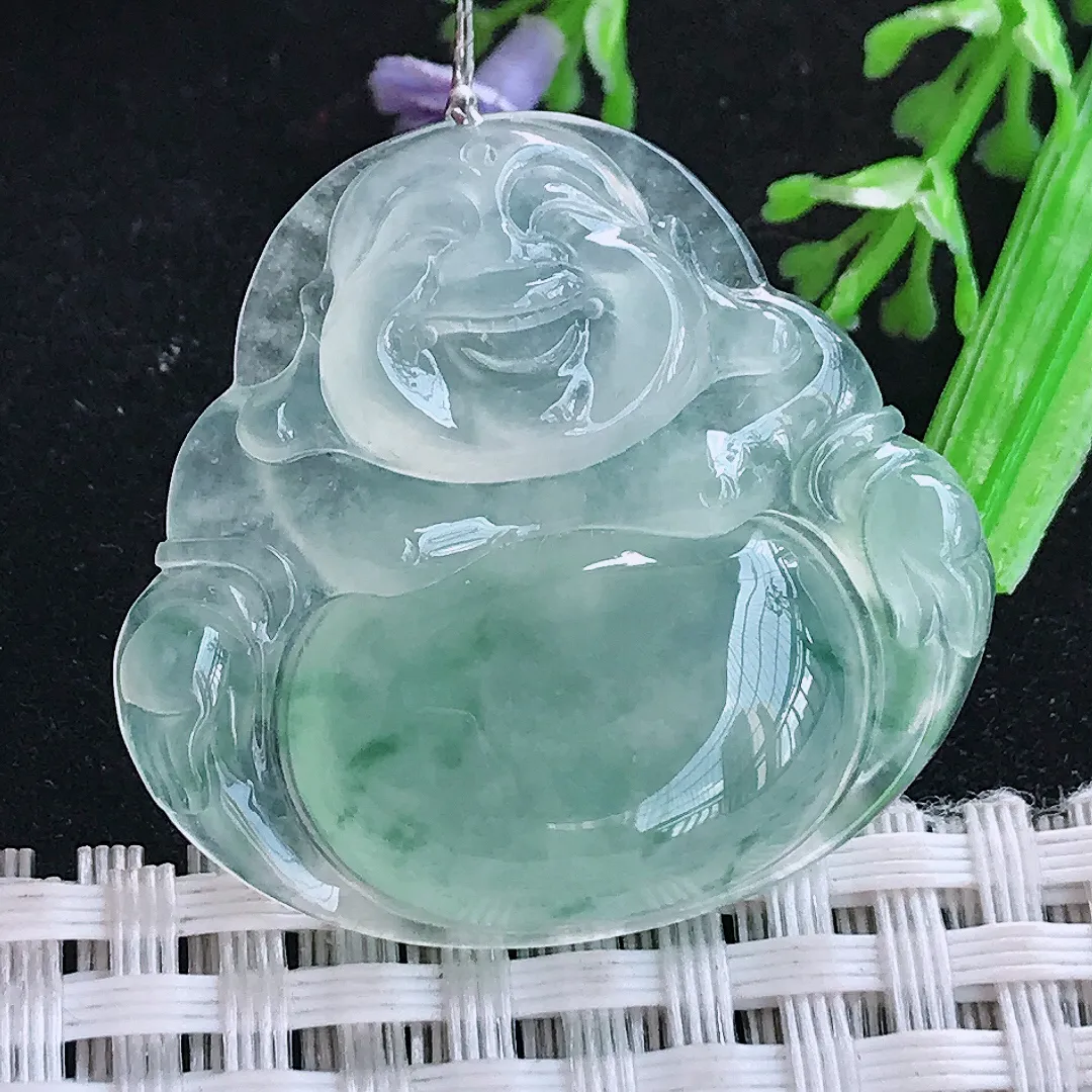自然光31.6/33.9/6.2老坑冰种果冻胶冰晴飘花佛公吊坠翡翠玉坠