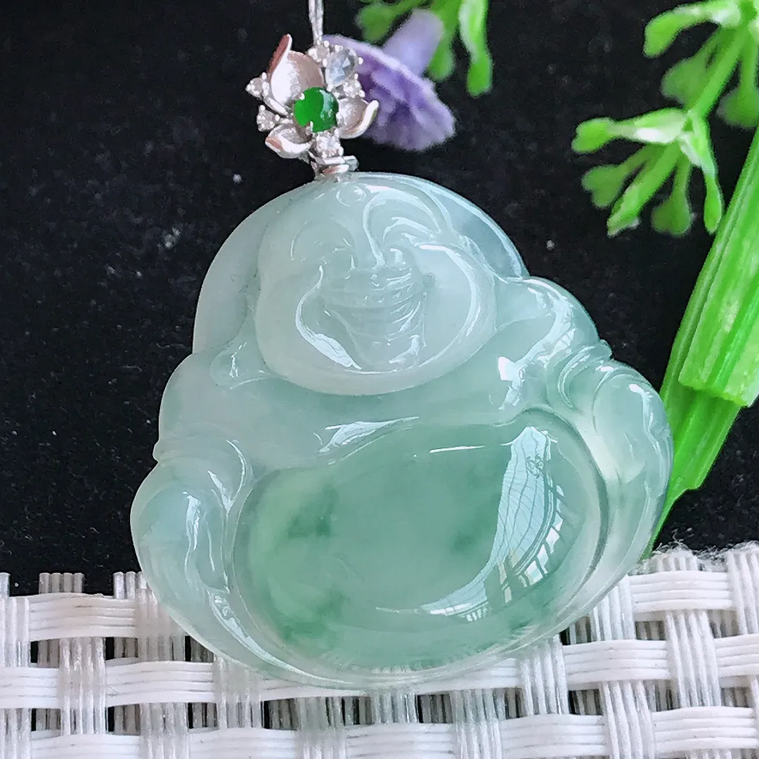 自然光28/30.3/6.1老坑18k金镶嵌冰胶飘花佛公吊坠翡翠玉坠