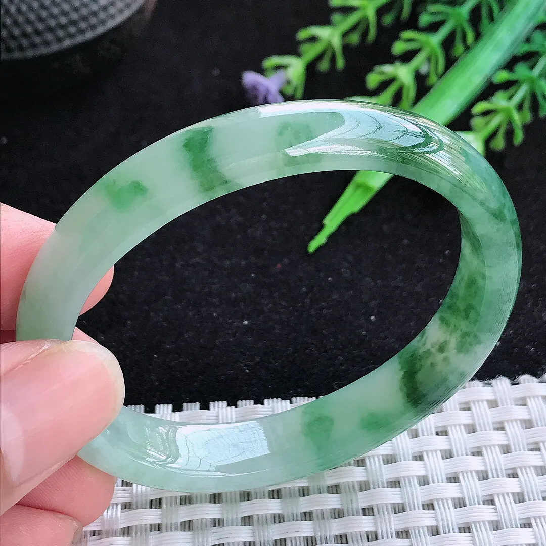 自然光53/44/11/6.5小圈口老坑冰胶水灵飘花贵妃手镯玉镯百搭