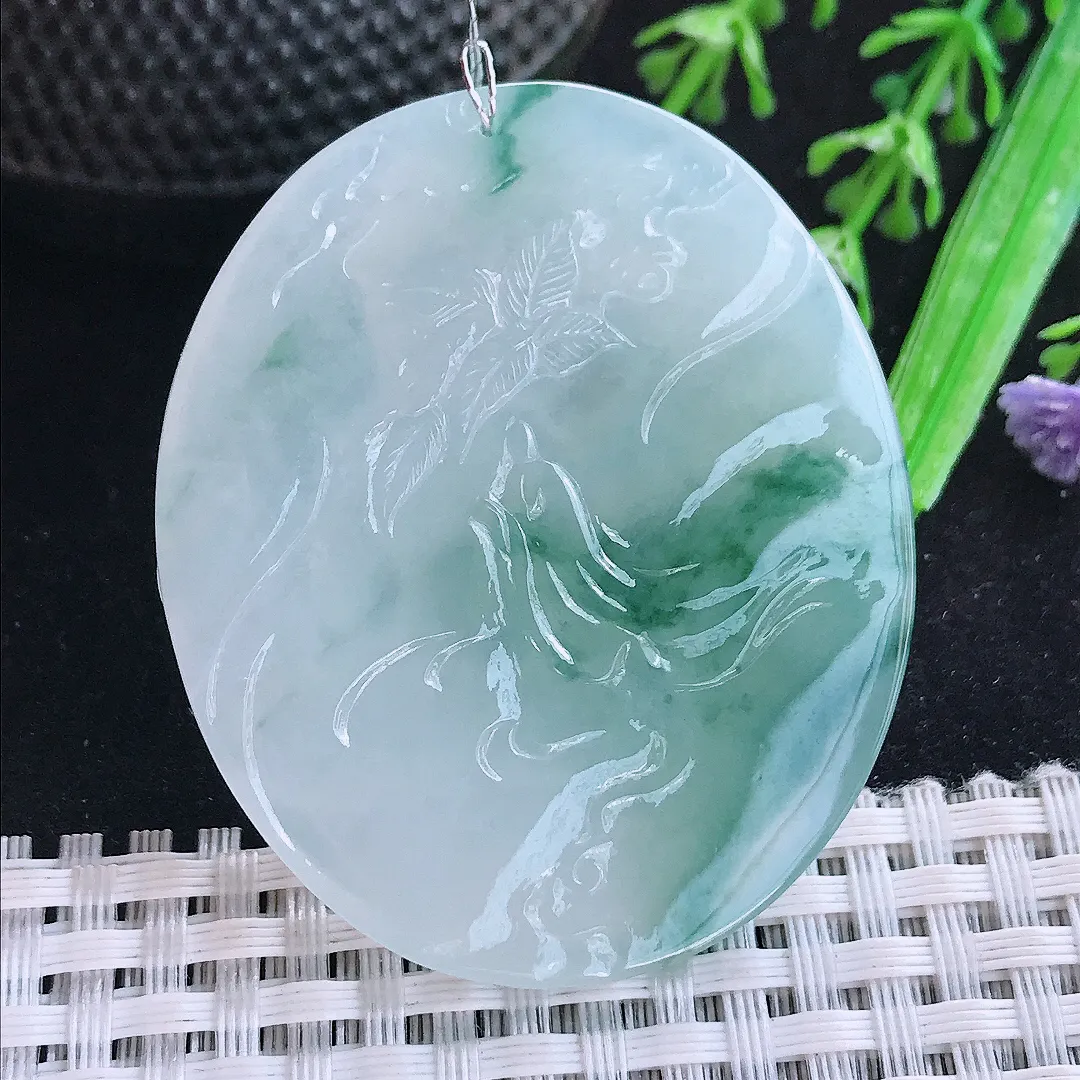自然光51/43/5.7老坑冰胶水灵飘花文殊菩萨吊坠翡翠玉坠