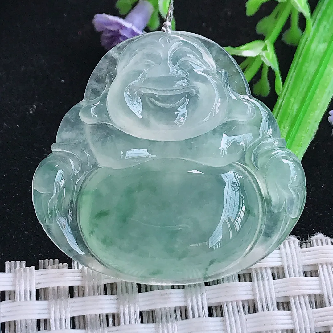 自然光31.6/33.9/6.2老坑冰种果冻胶冰晴飘花佛公吊坠翡翠玉坠