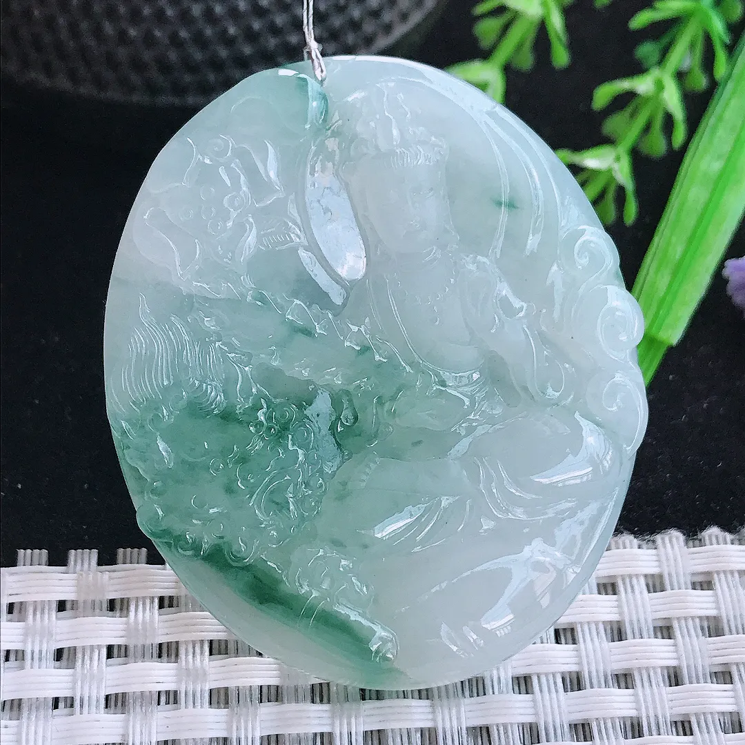 自然光51/43/5.7老坑冰胶水灵飘花文殊菩萨吊坠翡翠玉坠