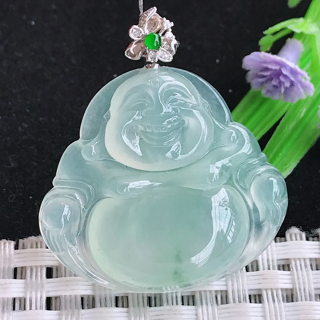 自然光57.8/3.8/5.8老坑18k金镶嵌冰种飘花佛公吊坠翡翠玉佛坠