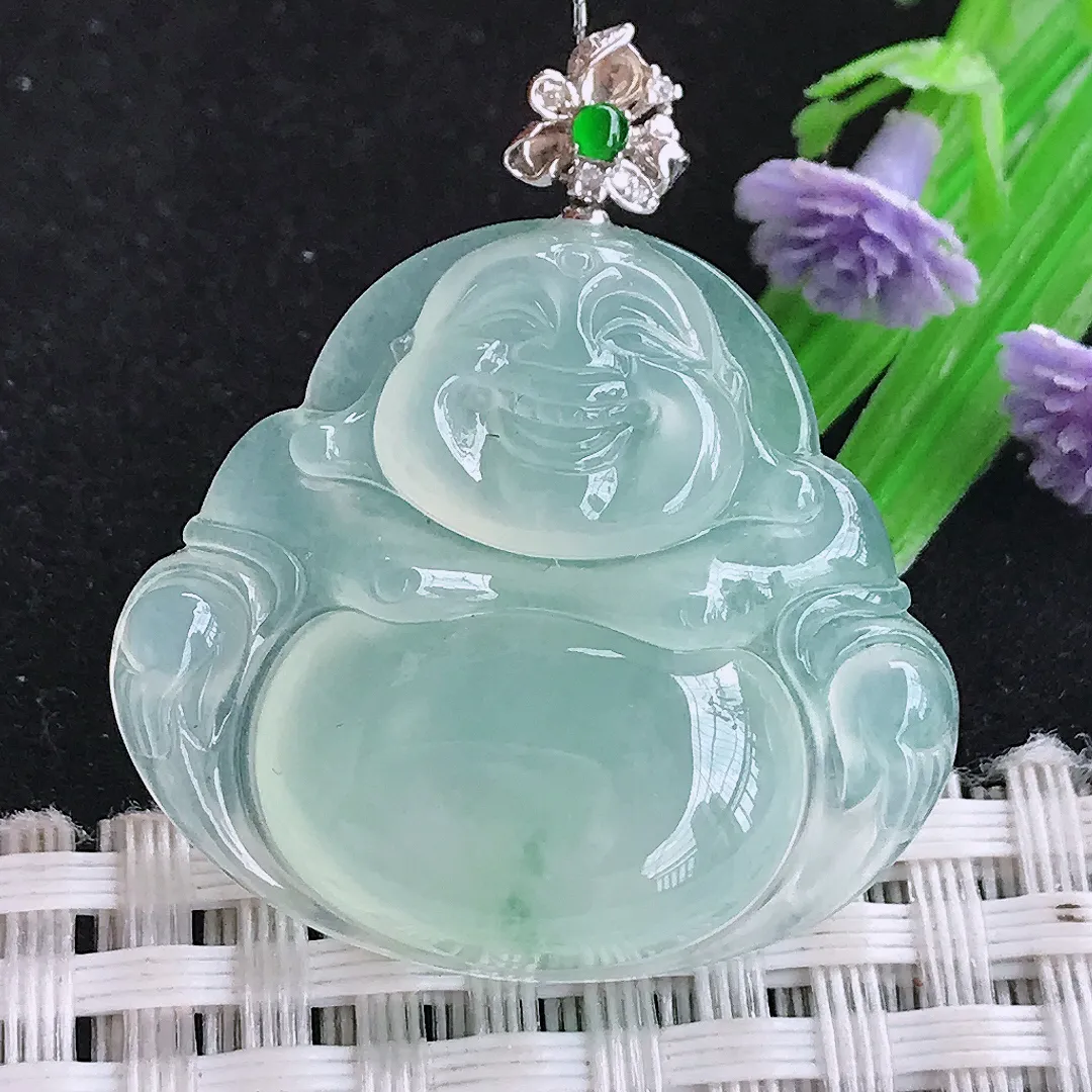 自然光57.8/3.8/5.8老坑18k金镶嵌冰种飘花佛公吊坠翡翠玉佛坠