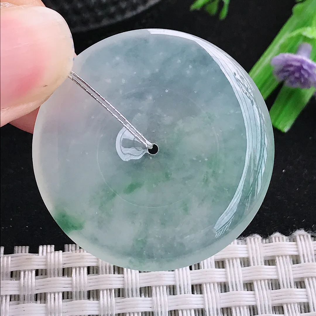自然光35.7/5.7老坑冰种果冻胶冰飘花平安扣吊坠翡翠玉扣坠
