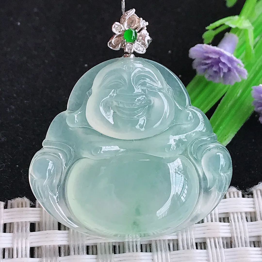 自然光57.8/3.8/5.8老坑18k金镶嵌冰种飘花佛公吊坠翡翠玉佛坠