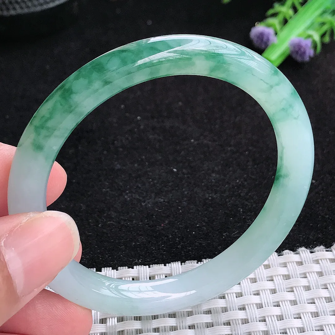 自然光53/8.3/8老坑冰胶水灵飘蓝花圆条手镯玉镯百搭