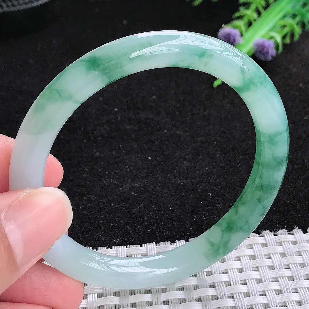 自然光53/8.3/8老坑冰胶水灵飘蓝花圆条手镯玉镯百搭