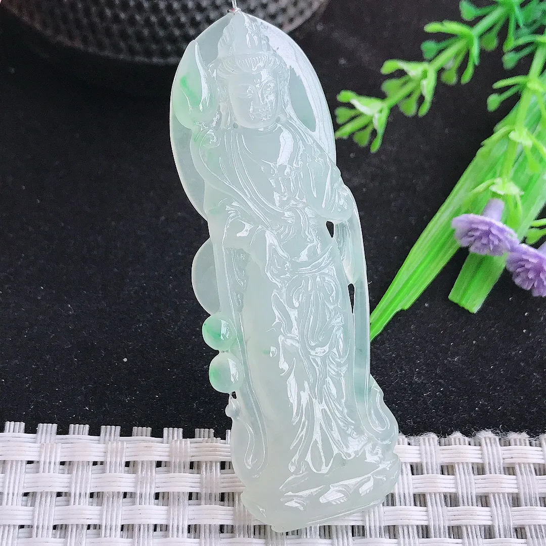 自然光63.8/20.2/6老坑冰胶果冻冰晴赐福观音吊坠翡翠玉观音站观音