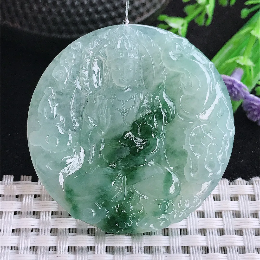 自然光45.6/5.6老坑冰胶果冻飘花赐福观音吊坠翡翠玉坠