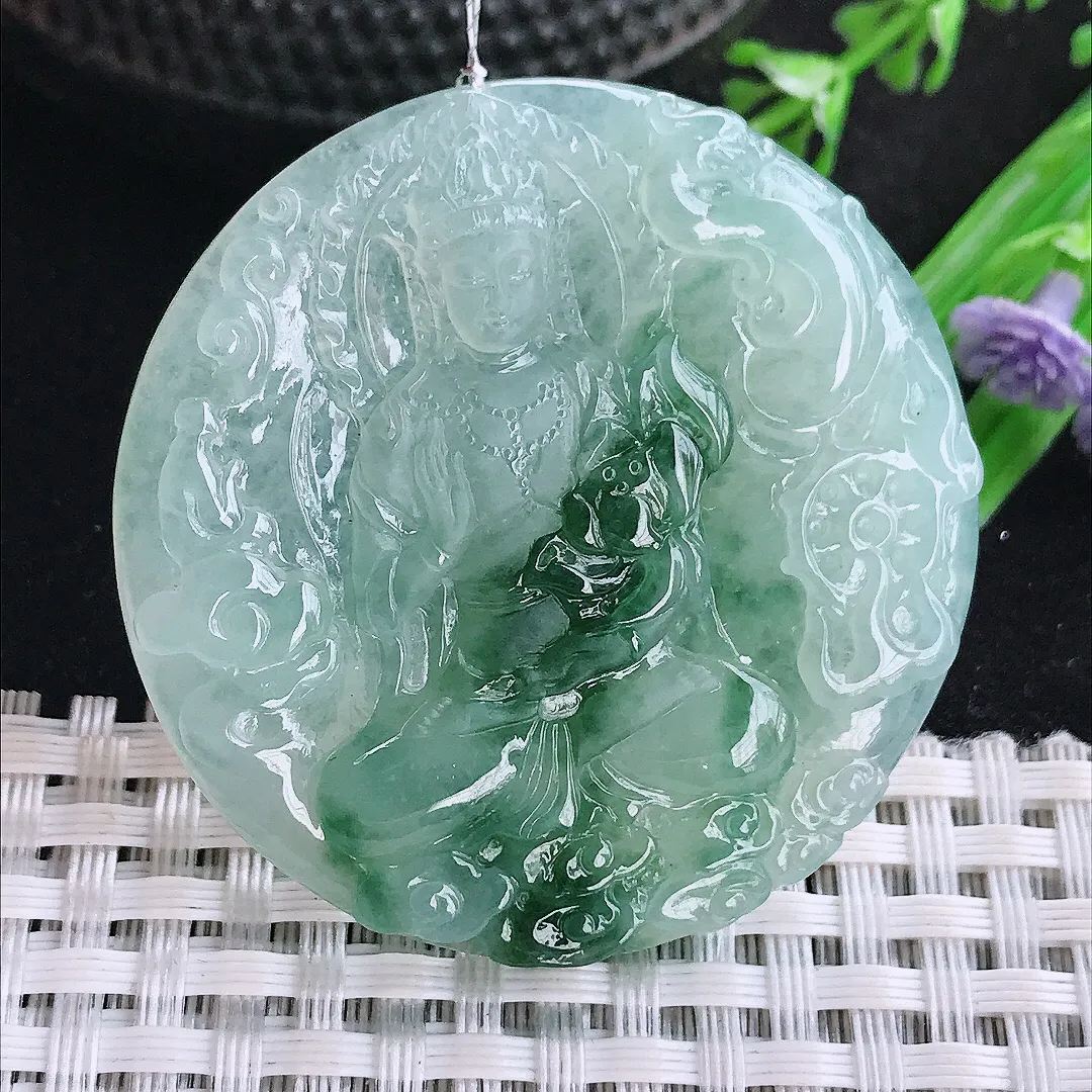自然光45.6/5.6老坑冰胶果冻飘花赐福观音吊坠翡翠玉坠