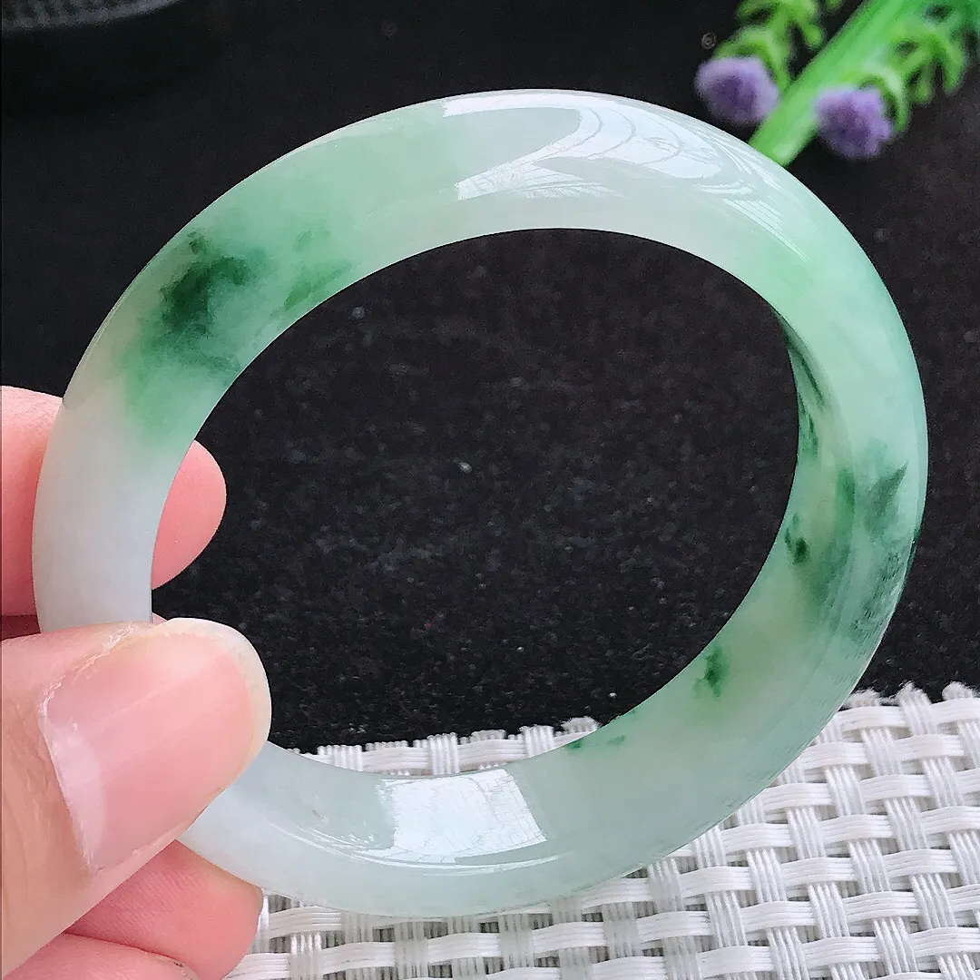 自然光51.8/12.6/7.7老坑冰润水灵飘花手镯小圈口玉镯百搭