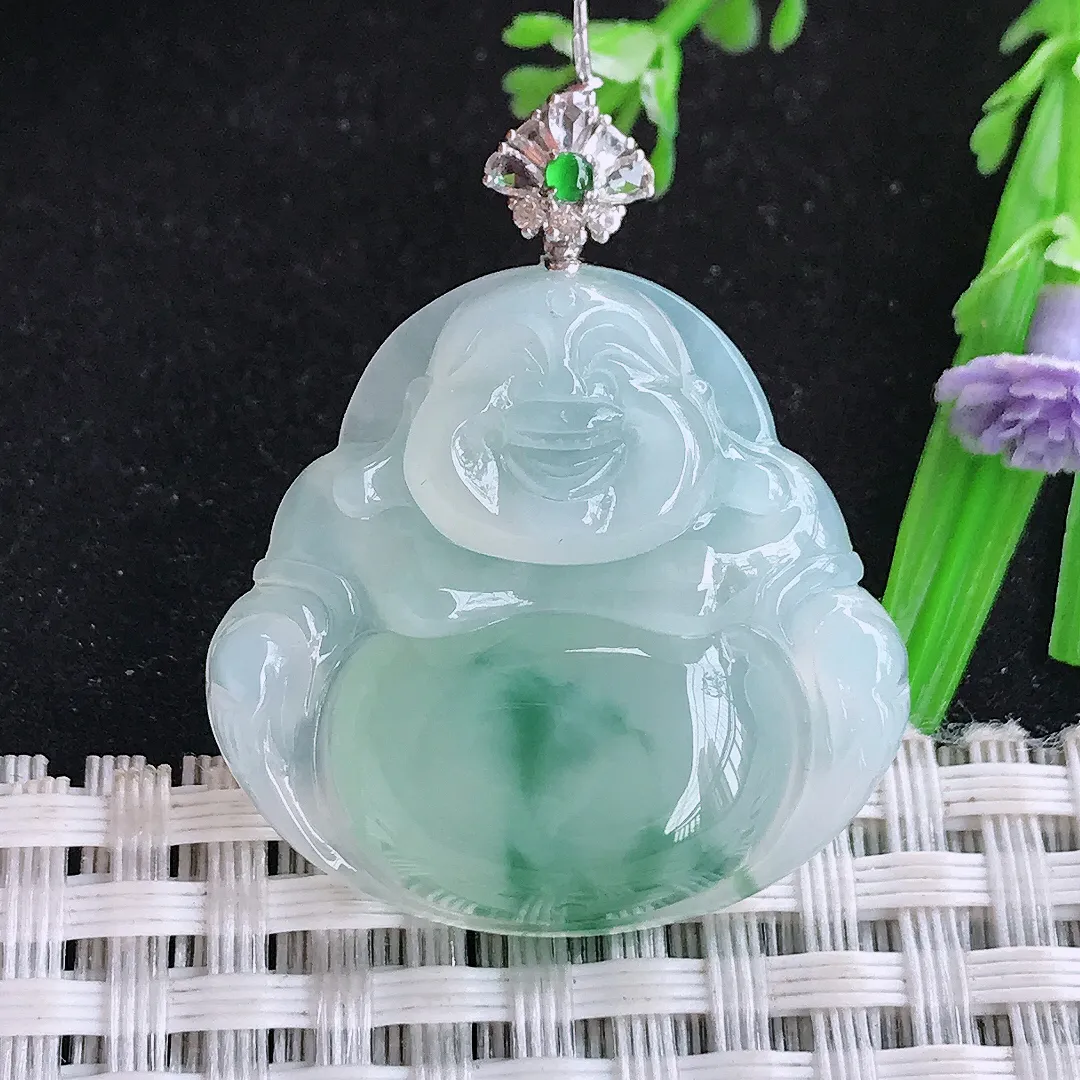 自然光28/29.3/6.5老坑18k金镶嵌冰飘花佛公吊坠翡翠玉佛坠