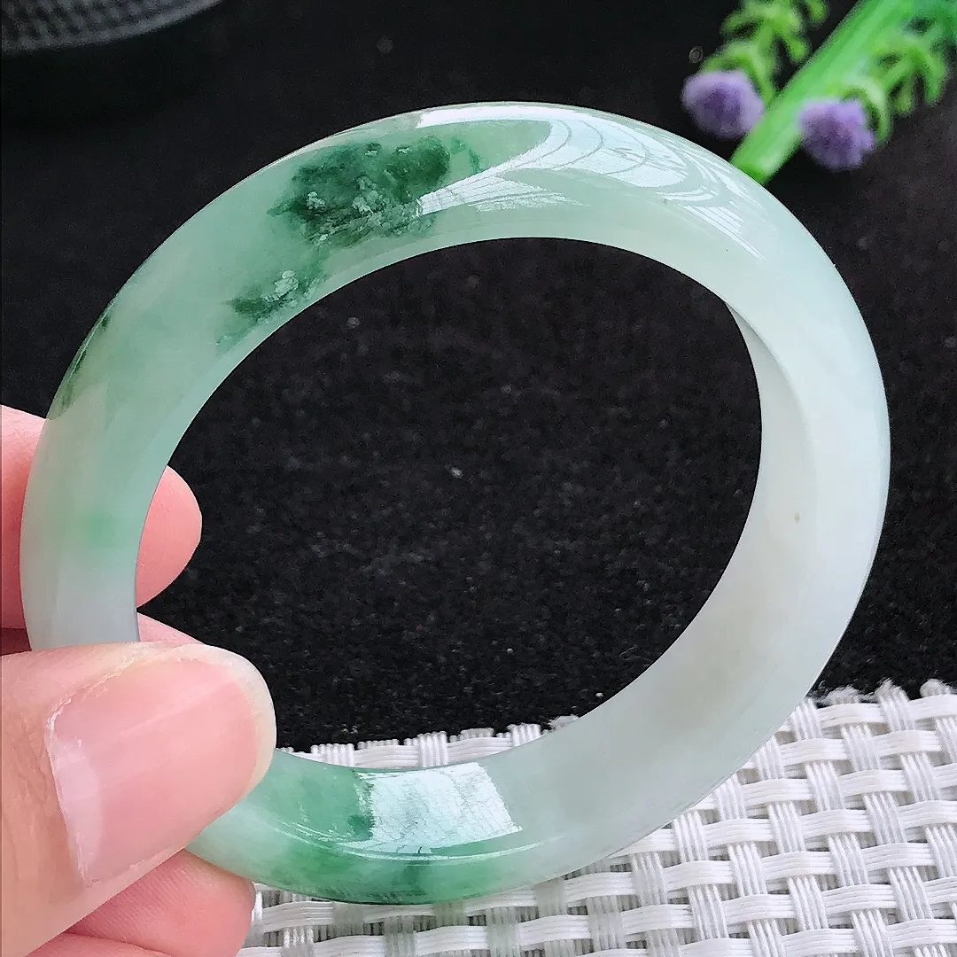 自然光51.8/12.6/7.7老坑冰润水灵飘花手镯小圈口玉镯百搭