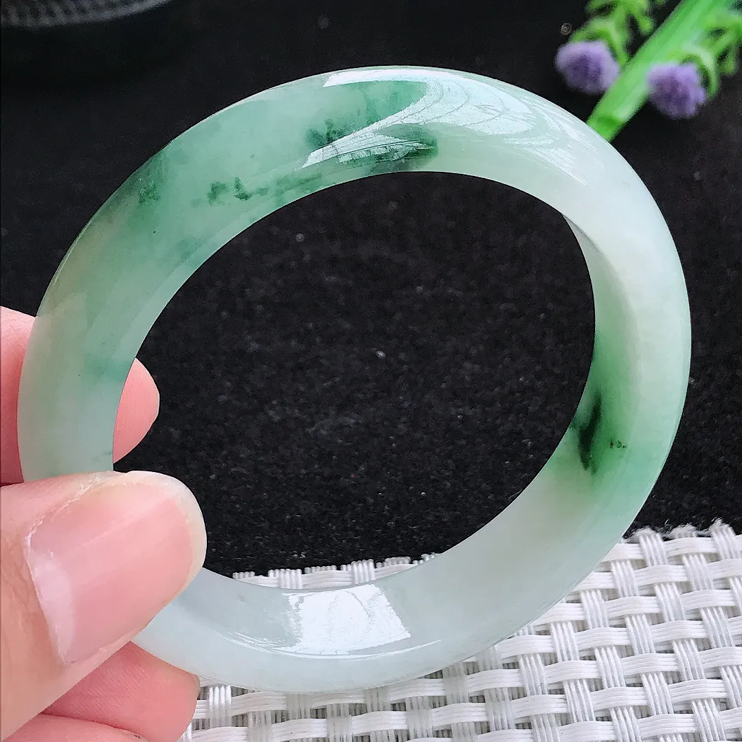 自然光51.8/12.6/7.7老坑冰润水灵飘花手镯小圈口玉镯百搭